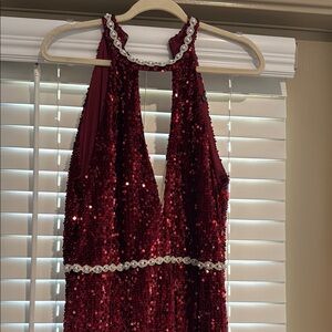 Red Sequin Halter Prom Gown